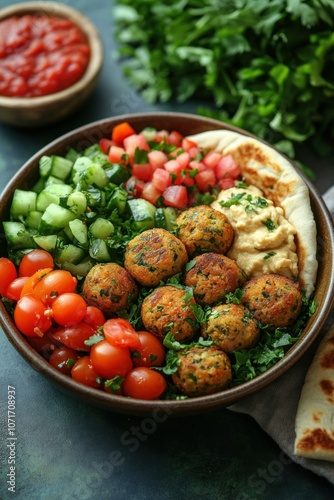 flat lay A serving of falafel with hummus and