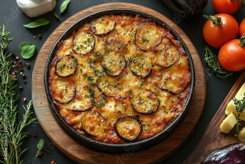 flat lay A serving of greek moussaka with eggp