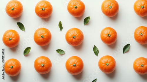 Tangerines Aligned in a Line with Green Leaves