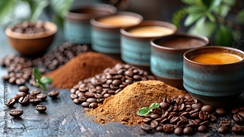 Coffee beans and powder alongside ceramic cups create a notably textured and richly colored scene inviting indulgence. photo