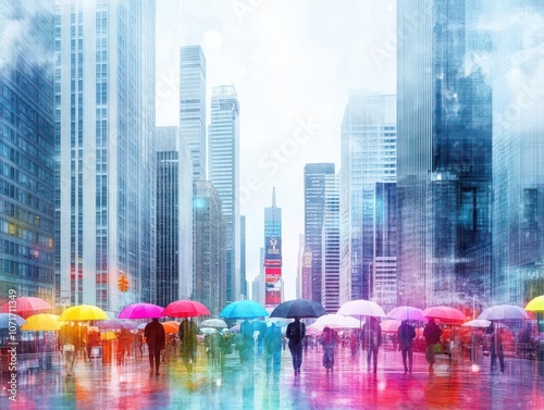 Rainwashed financial district, people with umbrellas, gentle watercolor tones capturing urban resilience photo