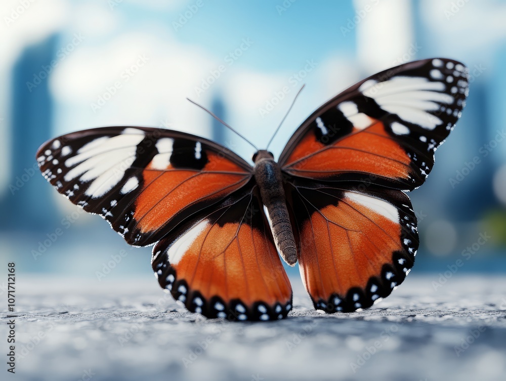 Obraz premium A butterfly sitting on the ground with a blue sky in the background