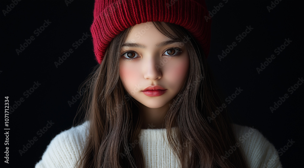 Fototapeta premium A beautiful woman with long brown hair, wearing a red hat and a white sweater, facing the camera, against a black background. This appears to be a professional photograph with sharp focus.