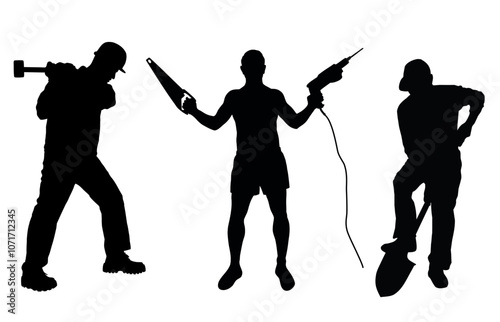 Silhouettes of men working  with different instruments and tools isolated on white background. Illustration of worker.