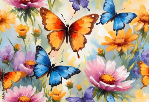 Colorful butterflies flutter gracefully above a vibrant array of wildflowers, creating a lively and cheerful atmosphere in a sunlit meadow. Generative AI