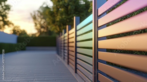 Sleek driveway gates utilize nanotechnology for self-cleaning surfaces, featuring vibrant colors and ambient lighting that enhance health-focused aesthetics.