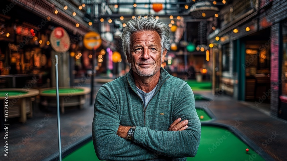 Fototapeta premium Man in a green sweater stands in front of a pool table. He is smiling and he is enjoying himself