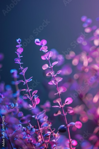 Delicate purple and pink plants bask in light, showcasing nature's vibrant beauty and intricate details in vivid color. photo