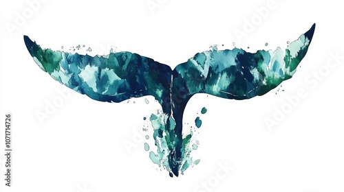 Stylized Whale Tail Splash in Blue and Green Watercolors photo