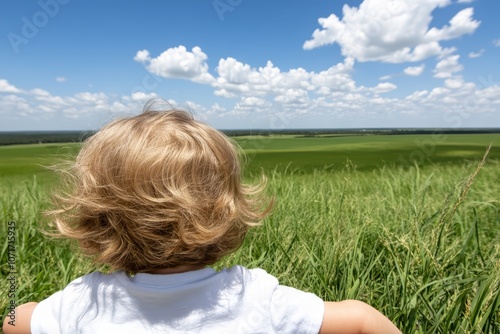 A little boy sitting in a field of tall grass looking out over a green field