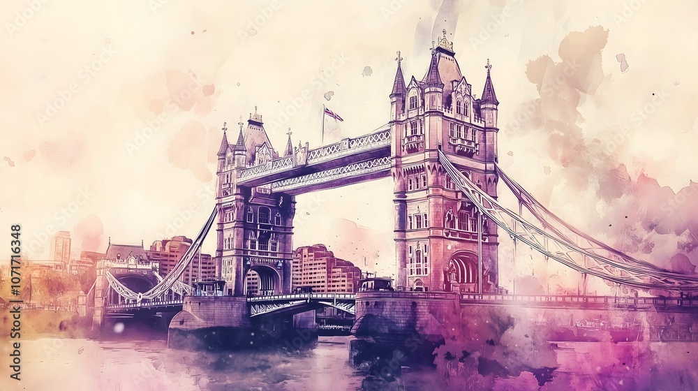 Obraz premium Watercolor Digital Art of Tower Bridge in London at Sunset, UK_3