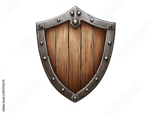 a wooden shield with metal trim