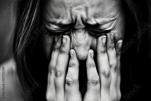 A woman covering her face with her hands