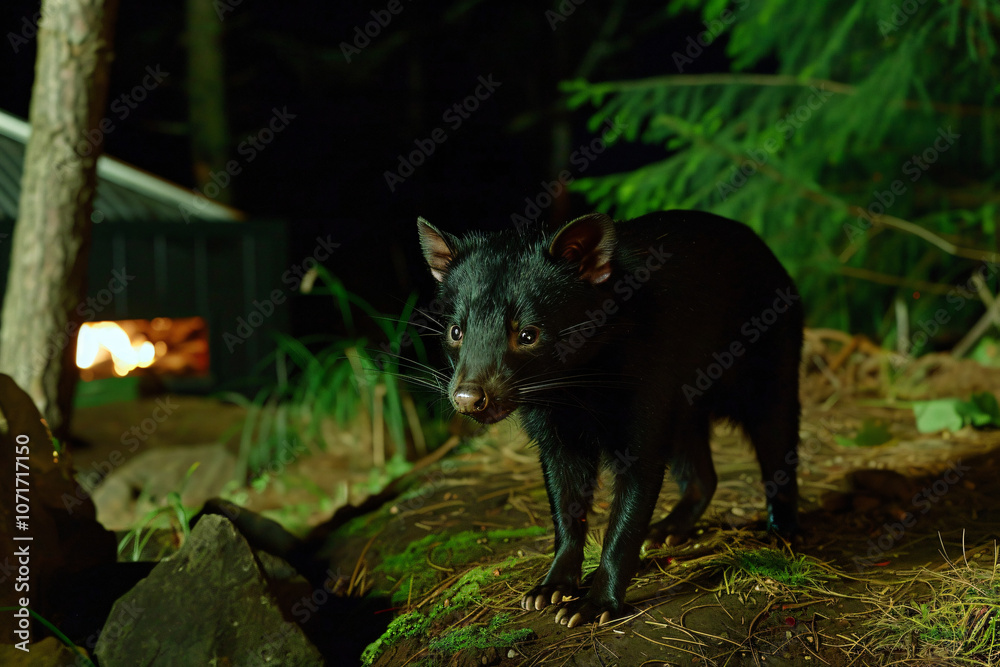 a Tasmanian Devil in nighttime forest setting a Tasmanian Devil in nighttime forest setting