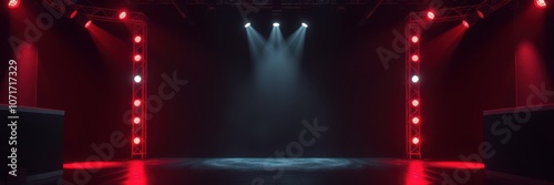 A dark stage is illuminated by red and white spotlights, creating a dramatic and exciting atmosphere