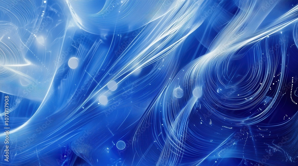 Obraz premium Abstract Blue Background with Glowing White Lines and Dots Creating a Futuristic and Dynamic Flowing Motion