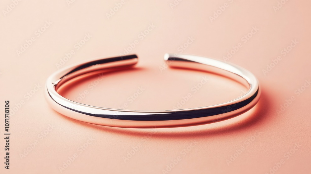 Naklejka premium Simple silver cuff bracelet, isolated on pastel peach background, ideal for minimalist style
