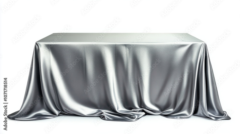 Elegant silver satin tablecloth with a shimmer, isolated on a clean white background Elegant silver satin tablecloth with a shimmer, isolated on a clean white background