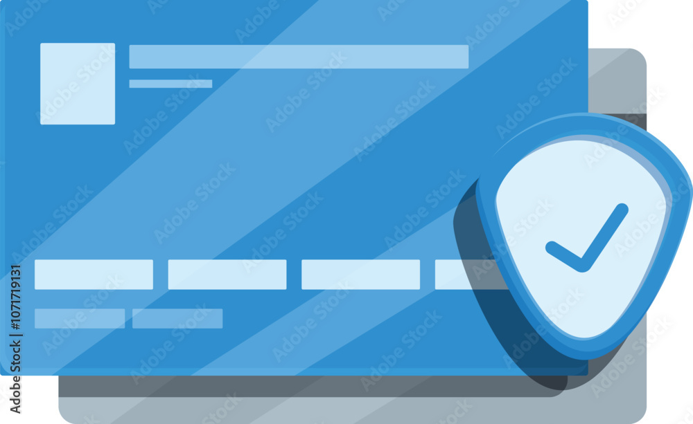 Blue credit card with protection shield and check mark, ensuring secure online transactions and financial safety Blue credit card with protection shield and check mark, ensuring secure online transactions and financial safety