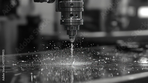 Water jet cutting machine in action, close up with water droplets spraying. photo