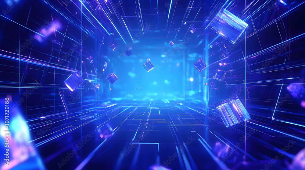 Fototapeta premium Futuristic blue digital space with glowing lines and abstract patterns, ideal for technology-related projects and presentations.