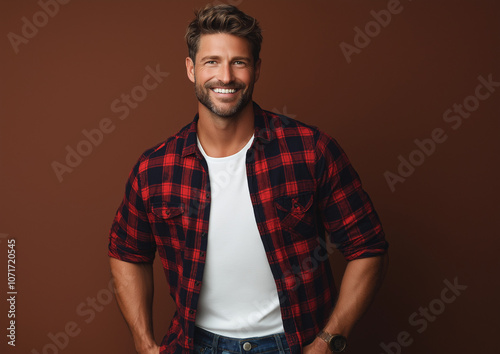 A handsome young man, wearing an open red and navy plaid shirt with blue jeans underneath, smiles as he opens the collar of his white t-shirt to reveal it beneath, set against a solid brown background photo