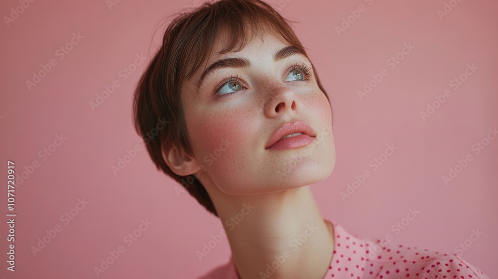 Woman with short hair and a pink dress is looking up at the camera. She has a bright, confident expression on her face Woman with short hair and a pink dress is looking up at the camera. She has a bright, confident expression on her face
