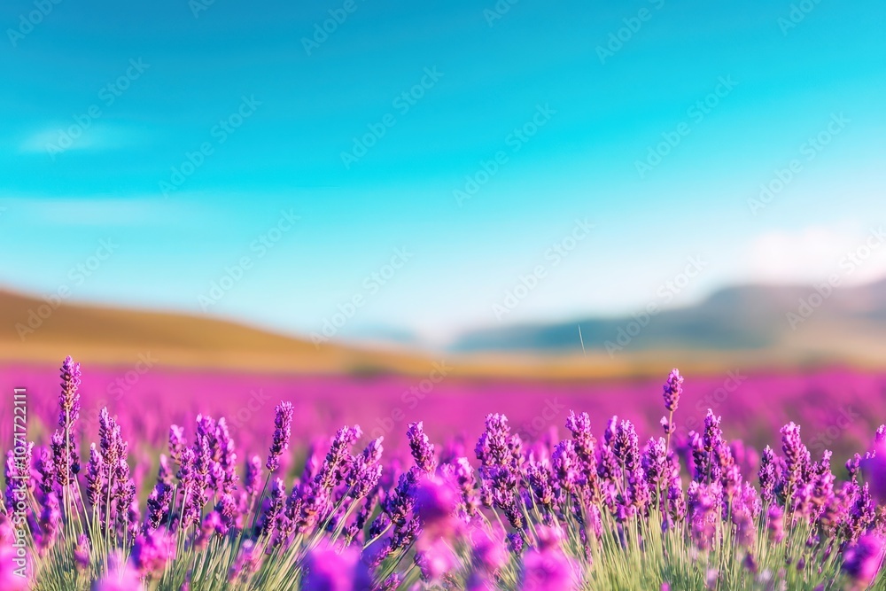 Fototapeta premium Wind brushing through a field of lavender, vibrant purple flowers in motion, clear blue sky overhead