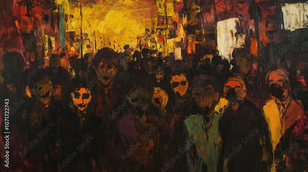 Fototapeta premium Expressionist painting of a crowded urban street, distorted figures, intense colors