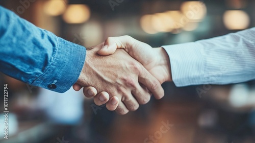 Close-up of a firm handshake between two people wearing contrasting blue and white shirts, symbolizing agreement, partnership, or deal closure.