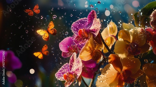 Landscape Photography, Spring, Butterflies, Blooming Orchids, Raindrops, Strong Light, Close Up, Double Exposure, High Contrast, High Quality, photo