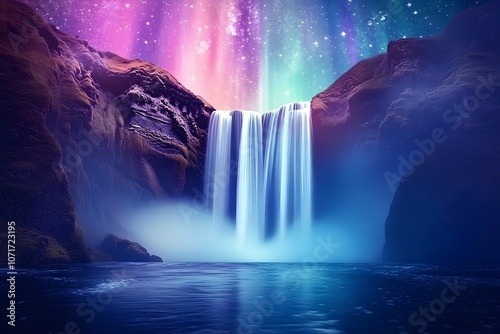 Wallpaper Mural surreal waterfall with northern lights and aurora borealis on the beautiful night starry sky, representing mystical landscape and nature wonder Torontodigital.ca