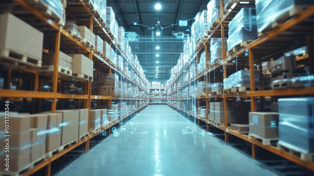 Fototapeta premium Modern warehouse, shelves filled with paper boxes, scanning data