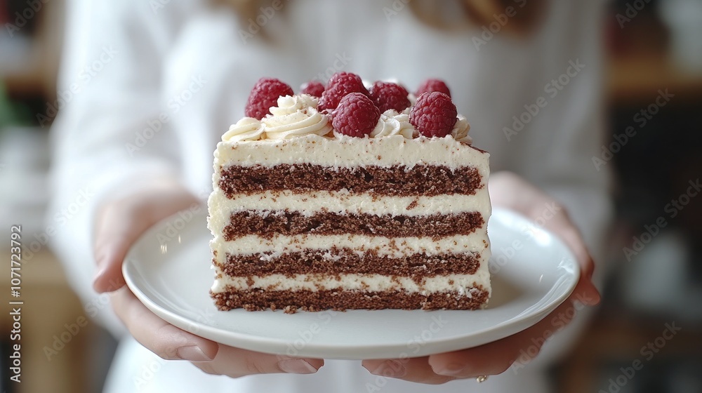 Woman holding a slice of chocolate cake with white frosting and raspberries. Woman holding a slice of chocolate cake with white frosting and raspberries.