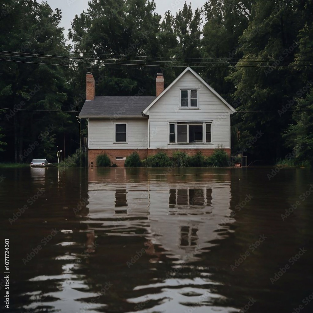 Houses flooded with water. The view from the outside. A natural flood. Houses flooded with water. The view from the outside. A natural flood.