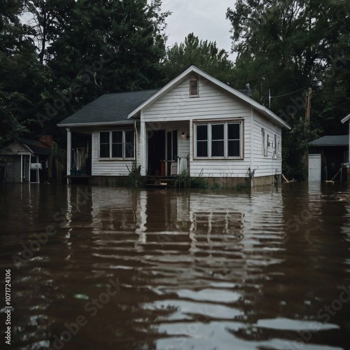 Residential buildings in the water after floods and floods. A natural disaster.