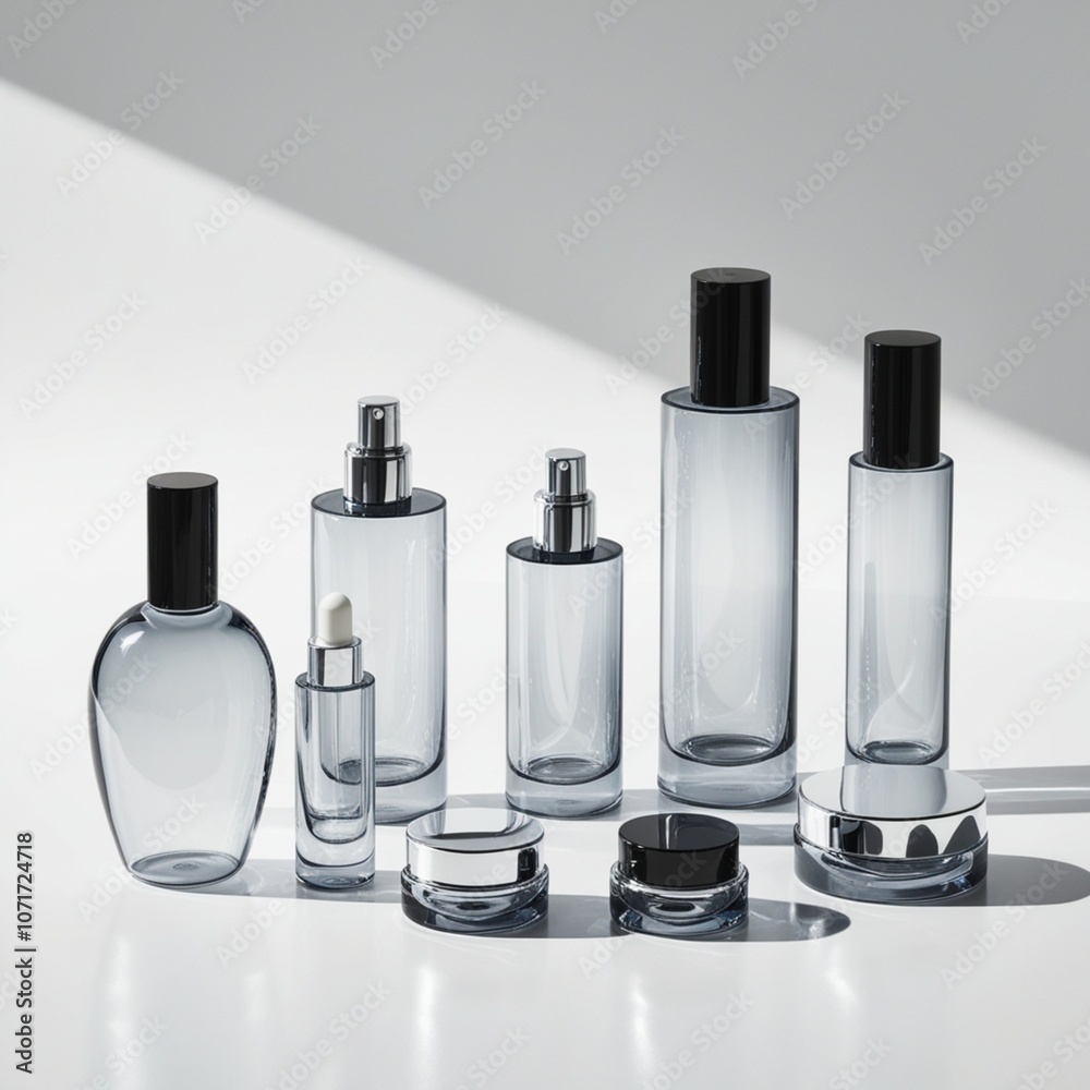 Set of cosmetic bottles with different sizes on a white background, arranged neatly to showcase product diversity. Set of cosmetic bottles with different sizes on a white background, arranged neatly to showcase product diversity.