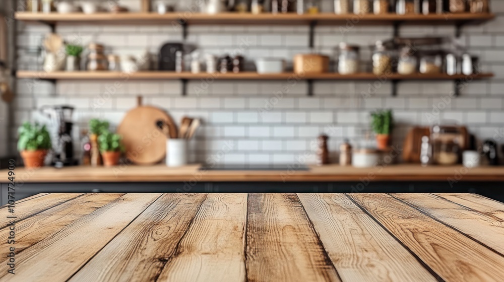 Wooden tabletop with blurred kitchen background. Wooden tabletop with blurred kitchen background.