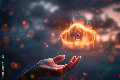 Hand reaching towards a floating cloud icon with a padlock