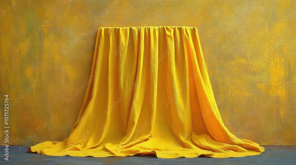Yellow fabric draped over a platform against a textured yellow wall. Yellow fabric draped over a platform against a textured yellow wall.