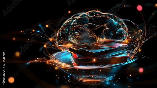 Abstract digital brain with glowing books and interconnected lines, representing the convergence of learning and technology in education