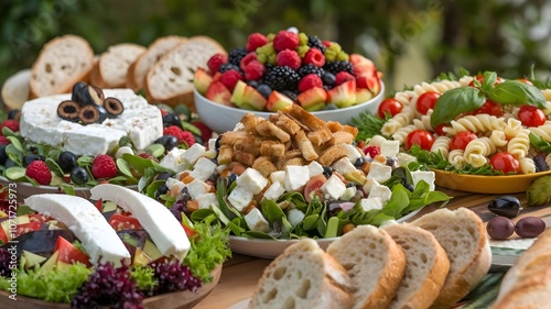 Wallpaper Mural Table with Greek, Caesar, fruit, and pasta salads on wooden board Torontodigital.ca