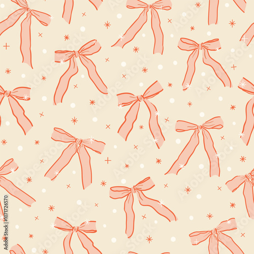 Vector seamless pattern with colorful striped satin bow knots. Hand drawn repeated illustration with coquette vintage narrow ribbon bows. Concept of celebration, holiday, party decoration, gift.