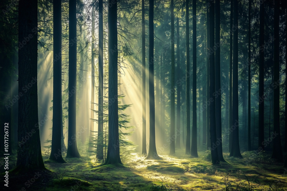 Naklejka premium Misty forest with sunlight filtering through the tall trees. Generative AI