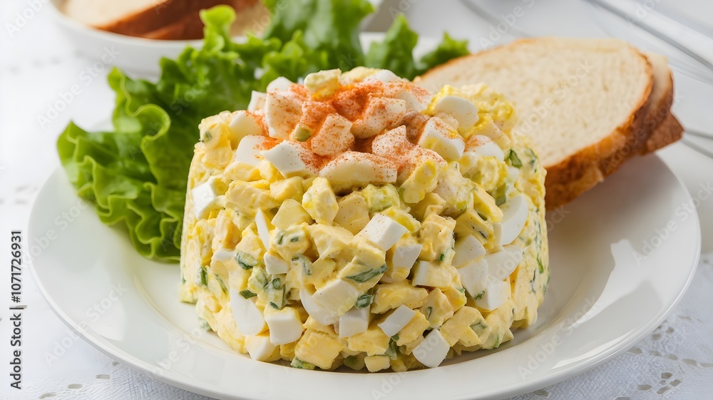 Plate with egg salad, bread, and lettuce, sprinkled with paprika Plate with egg salad, bread, and lettuce, sprinkled with paprika