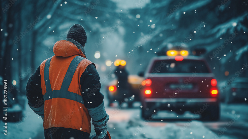 Fototapeta premium City worker in an orange vest standing on a snowy street during heavy snowfall, with cars and city lights blurred in the background, symbolizing winter work and urban resilience