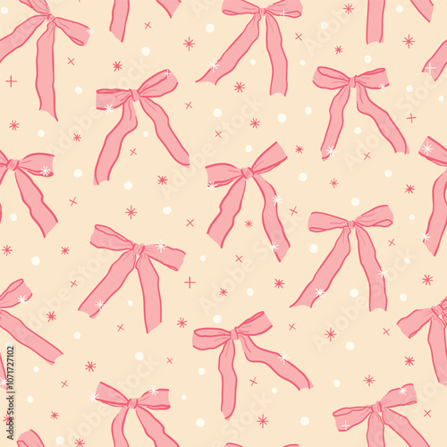 Vector seamless pattern with colorful striped satin bow knots. Hand drawn repeated illustration with coquette vintage narrow ribbon bows. Concept of celebration, holiday, party decoration, gift.