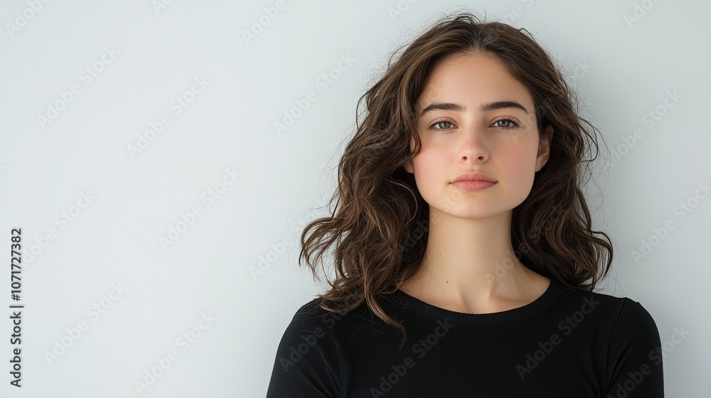 Fototapeta premium Young Woman with Wavy Hair Against Light Background