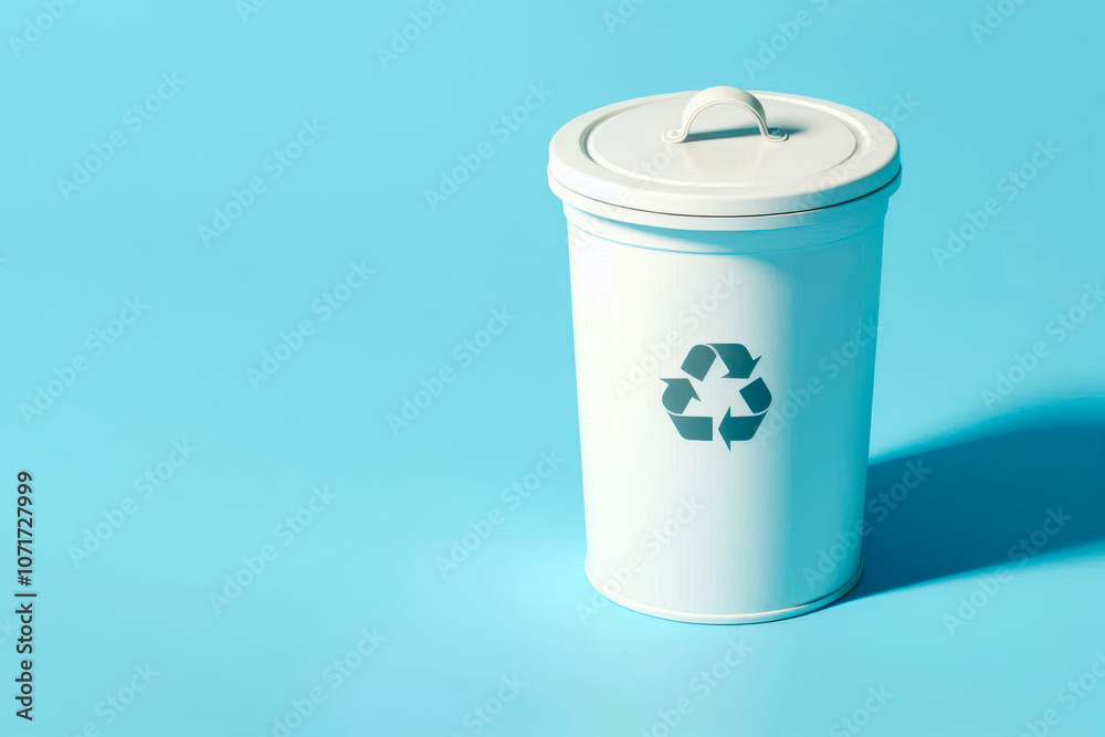 White trash bin with recycling symbol on a blue background. Space for text. White trash bin with recycling symbol on a blue background. Space for text.