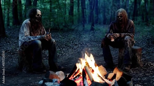 Hillbilly zombie friends sitting around a forest campfire holding beers and enjoying the evening in silence.